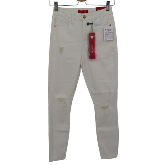 GUESS Womens 26 Pima Bling Pocket Distressed Solid White Denim Skinny Jeans NEW - Picture 1 of 16